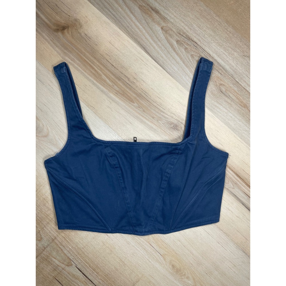 Free People Navy Blue Corset Crop Top Square Neck Zip Back Size 4 - Picture 2 of 9